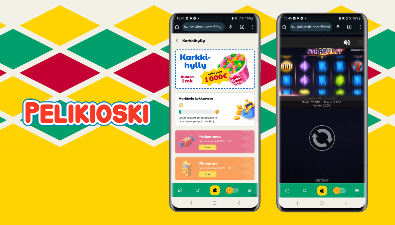 Kuvassa kahdessa puhelimessa auki Pelikioskin etusivu ja Starburst hedelmäpeli.