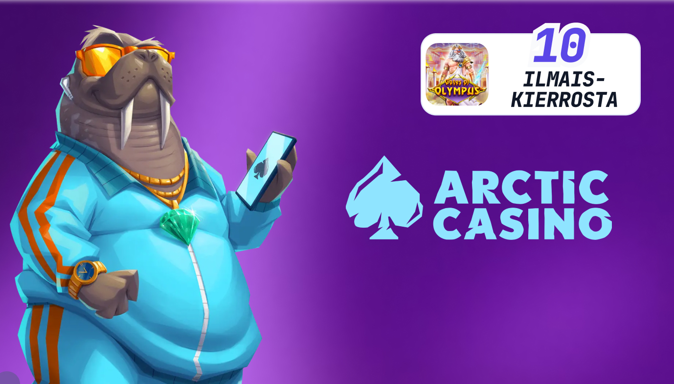 Kuvassa Arctic Casinon tunnushahmo, sekä ilmoitus kymmenestä hedelmäpeli ilmaiskierroksesta.