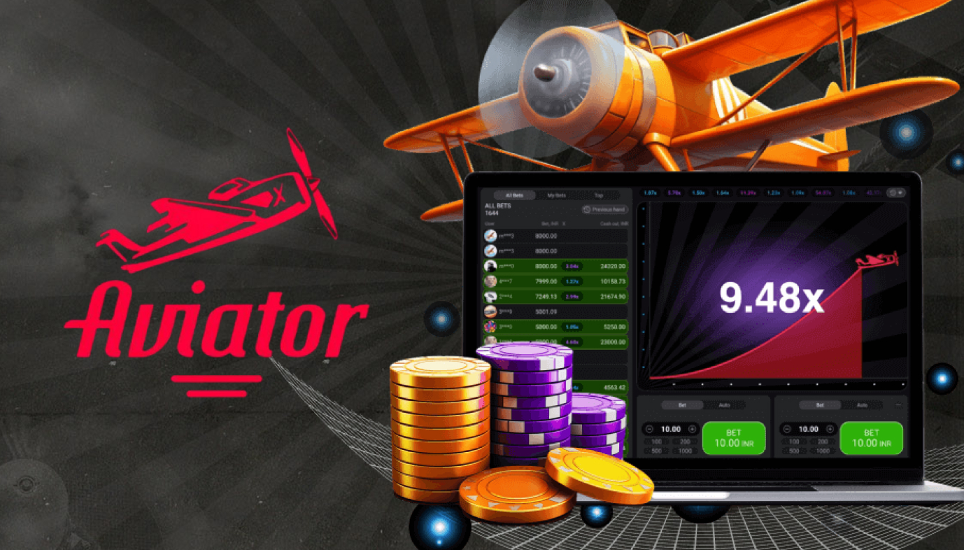 Aviator-pelin kuva, jossa näkyy lentokonetta muistuttava symboli ja taivaankuvasto.