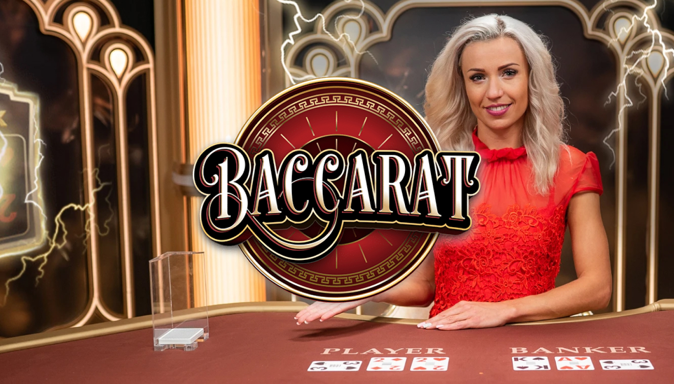 Baccarat-pelin kuva, jossa on klassinen korttipöytä ja jaettavat kortit.