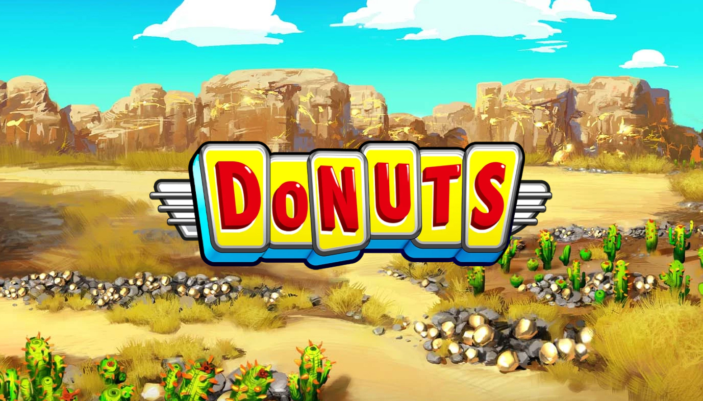 Donuts-pelin kuva, jossa on pyöreitä, värikkäitä donitseja ja selkeä graafinen asettelu.