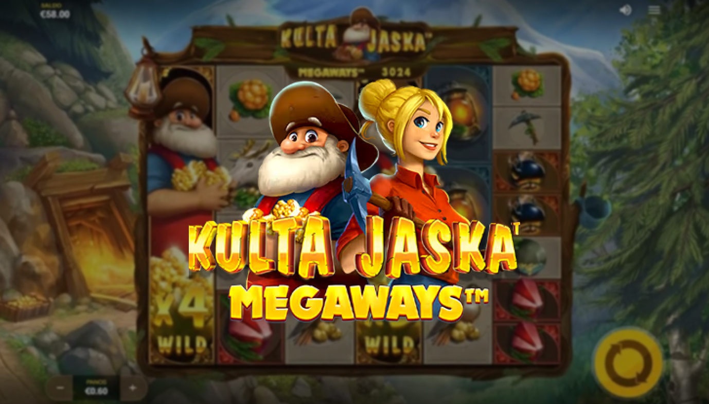 Kulta Jaska Megaways -pelin kuva, jossa näkyy kultaiseen teemaan perustuva grafiikka ja Megaways-mekaniikka.