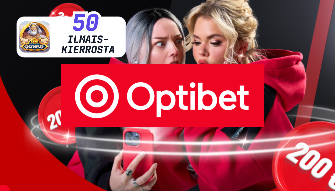 Kuvassa Optibetin logo ja taustalla pelaajia kädessään puhelin missä auki Optibet hedelmäpelit. Kuva ilmoittaa Optibetin tarjoavan 50 ilmaiskierrosta tervetuliaisetuna.