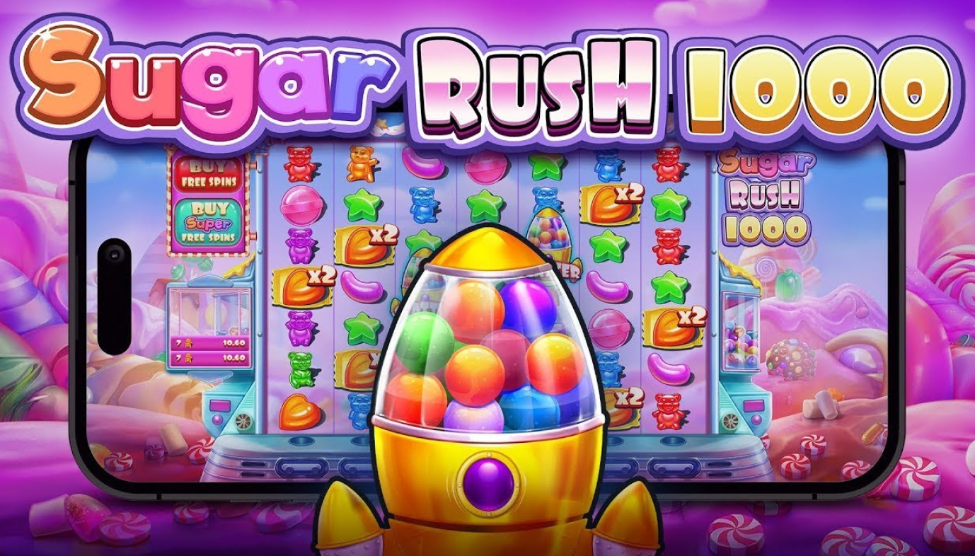 Sugar Rush 1000 -pelin kuva, jossa näkyy sokerisia elementtejä ja makeisia.