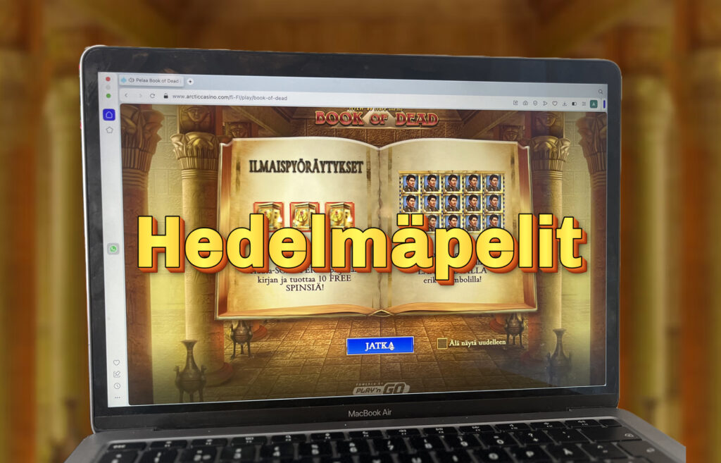 Läppärinäyttö Book of Dead -hedelmäpelistä, tekstinä "Hedelmäpelit" – edustaa suosittuja kolikkopelejä ja slotteja.