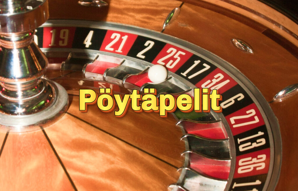 Rulettipöytä ja pyörivä kuula, tekstinä "Pöytäpelit" – symboloi klassisia kasinopelejä kuten blackjack ja ruletti.