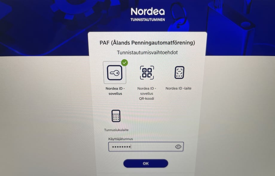 Nordea tunnistautuminen PAF kasinolle ilman rekisteröitymistä, vaihtoehtoina Nordea ID -sovellus, QR-koodi, laite tai tunnuslukulaite.
